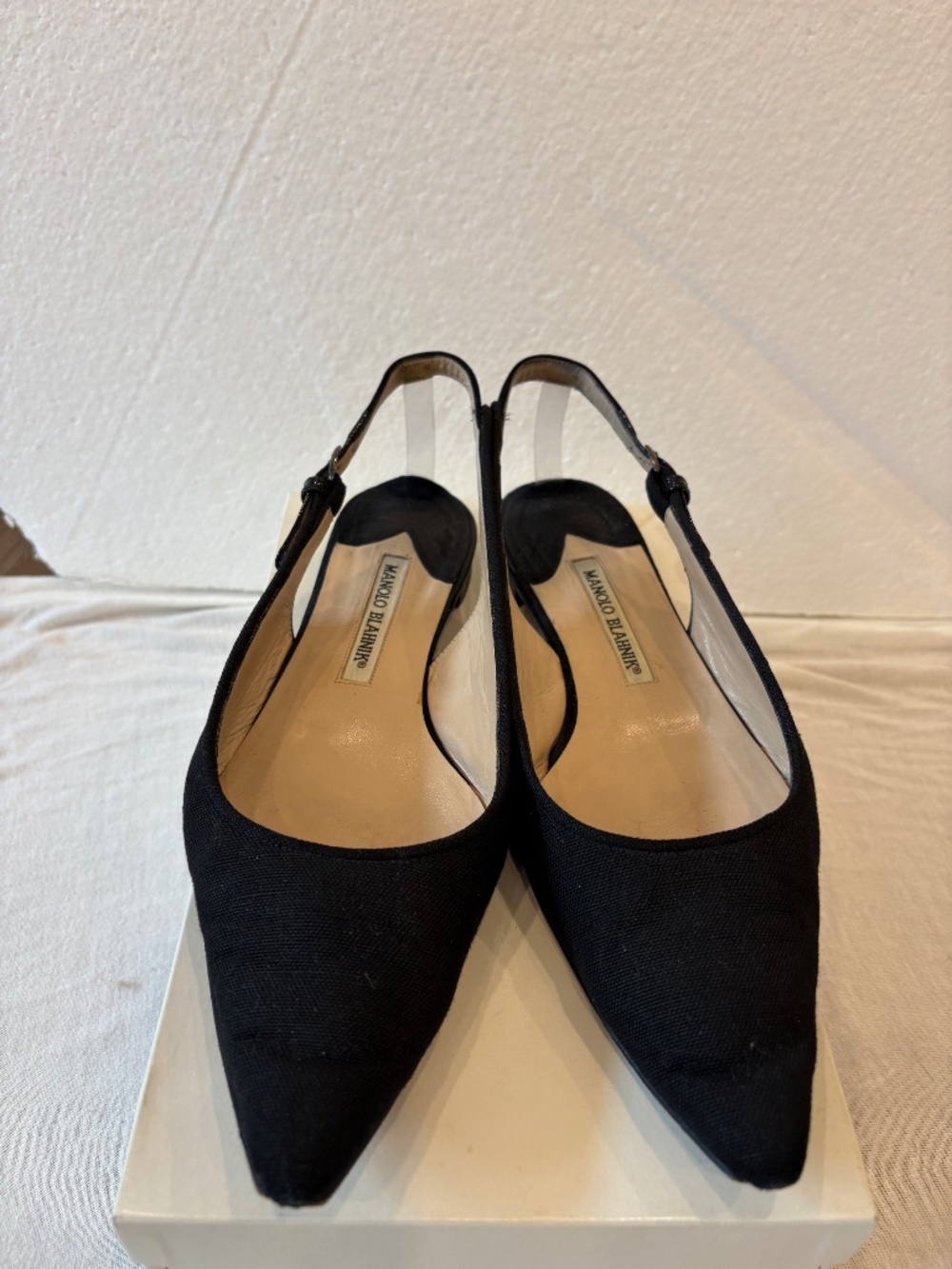Vintage MANOLO BLAHNIK Black Fabric Sling Back Flats; Size: 38-1/2